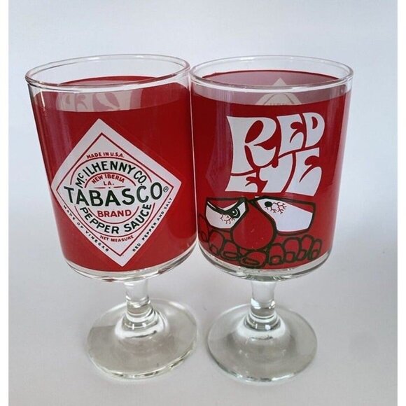 Red Eye Tabasco Bloody Mary Glasses Footed Glasses Vintage Lot of 2 Hot Sauce - Picture 1 of 12